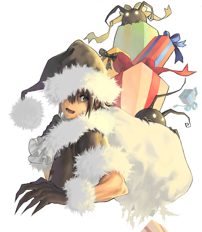 1boy alternate_costume black_santa_costume christmas gift heartless kingdom_hearts male_focus santa_costume shadow_(kingdom_hearts) solo sora_(christmas_town)_(kingdom_hearts) sora_(kingdom_hearts) umadaisuki