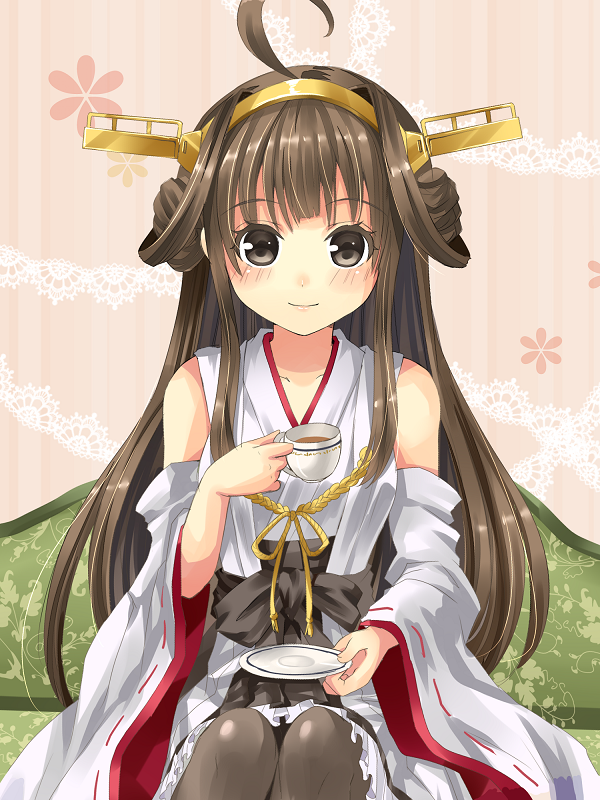10s 1girl bad_id bad_pixiv_id bare_shoulders black_thighhighs blush brown_eyes brown_hair couch cup detached_sleeves double_bun female_focus frilled_skirt frills green_upholstery hair_bun hair_ornament hairband headgear japanese_clothes kantai_collection kobanzame kongou_(kancolle) long_hair nontraditional_miko patterned_upholstery personification ribbon-trimmed_sleeves ribbon_trim saucer sitting skirt smile solo teacup thighhighs