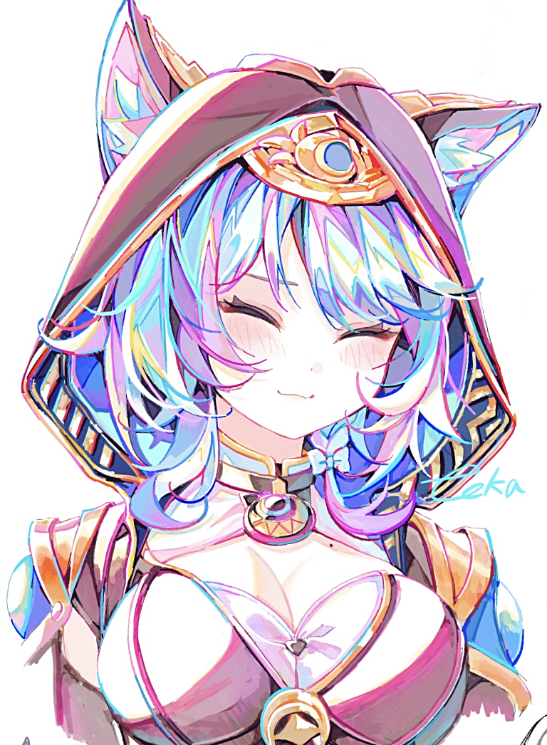 1girl :3 ^_^ animal_ear_fluff animal_ears animal_hood blue_hair blush breasts cat_ears cipher_(honkai:_star_rail) cleavage closed_eyes commentary heart honkai:_star_rail honkai_(series) hood hood_up large_breasts medium_breasts mole short_hair smile textless_version touka_(pixiv71609120) upper_body white_background