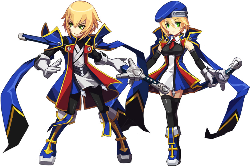1boy 1girl akiraka_ryomi alternate_costume arc_system_works beret black_pantyhose blazblue blazblue:_calamity_trigger blonde_hair blue_footwear boots cape chibi cosplay dress dual_persona framed_breasts genderswap genderswap_(mtf) green_eyes hat jin_kisaragi_(cosplay) kisaragi_jin knee_boots lost_saga necktie noel_vermillion noel_vermillion_(cosplay) pantyhose sheath sheathed short_dress short_hair sword thighhighs uniform weapon yukianesa zettai_ryouiki
