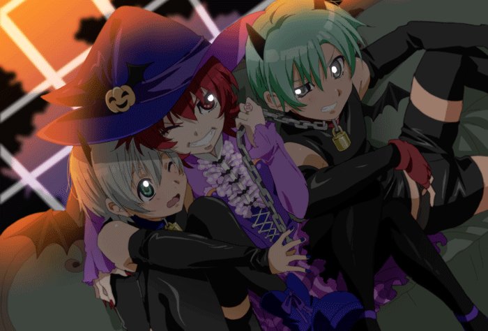 1girl 2boys ass black_dress boots dress fake_tail fangs fingernails fumiko_(mesushi) green_hair halloween hat high_heel_boots high_heels iria_animi jewelry multiple_boys nail_polish one_eye_closed open_mouth red_eyes red_hair ring ruca_milda sharp_fingernails short_hair spada_belforma tail tales_of_(series) tales_of_innocence very_short_hair white_hair witch_hat
