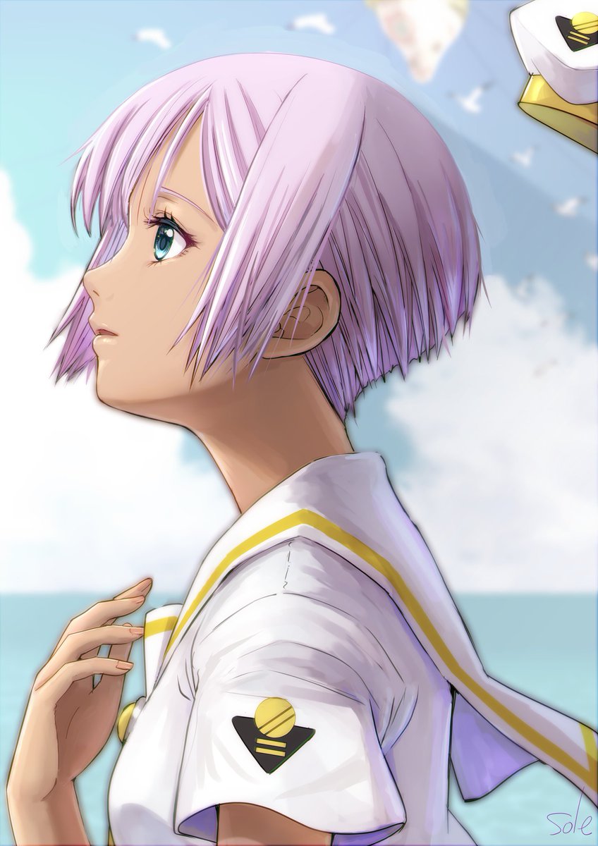 1girl aria_(manga) athena_glory bird blue_eyes blue_sky blurry blurry_background cloud cloudy_sky dark-skinned_female dark_skin day floating_island gold_trim hand_up highres orange_planet_uniform outdoors parted_bangs portrait profile purple_hair sailor_collar seagull short_hair short_sleeves sidelocks sky solo telaform unworn_headwear upper_body white_headwear