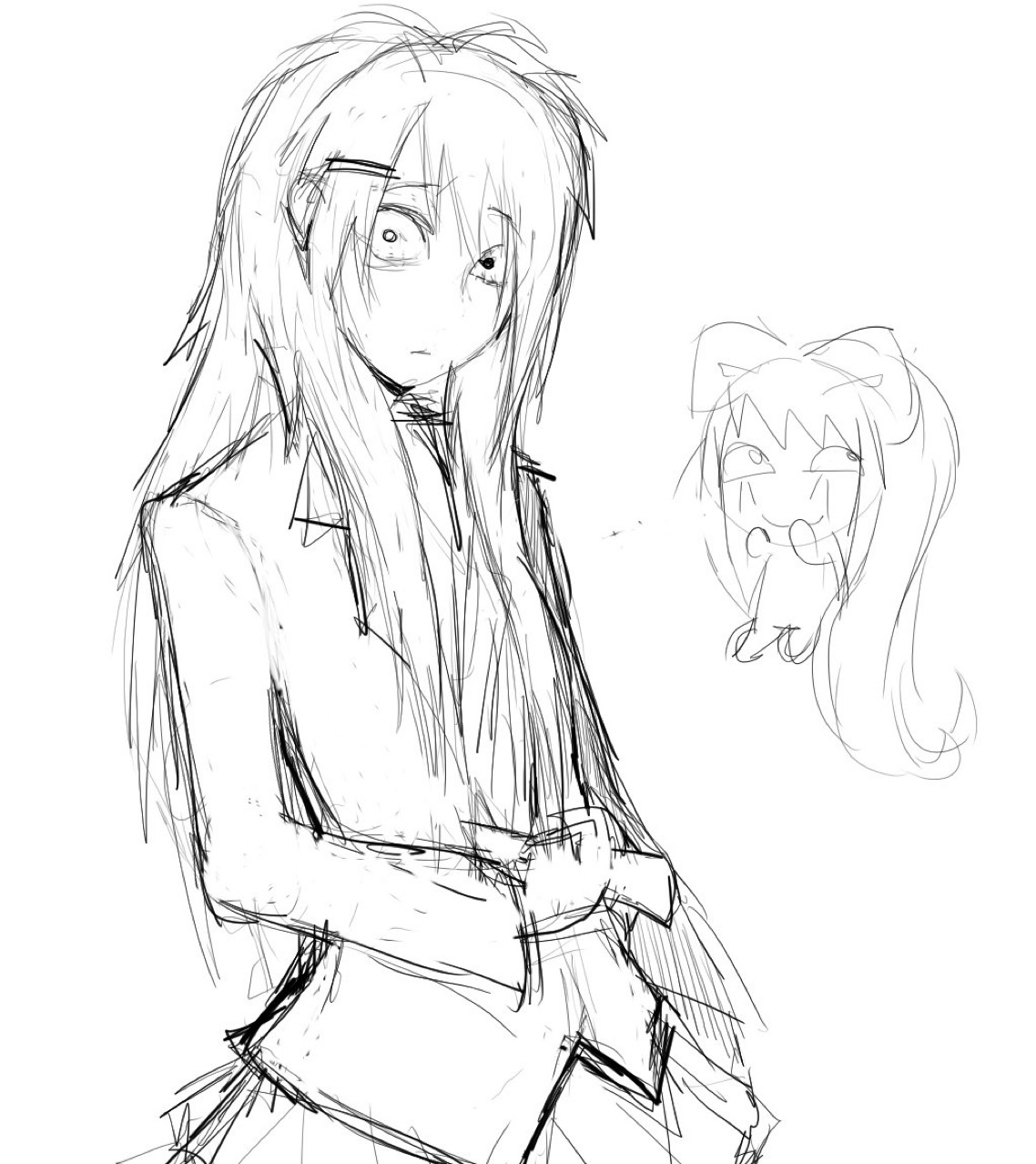 attempted_suicide awesome_face bad_source doki_doki_literature_club giggling hair_ornament hairclip highres holding holding_knife implied_suicide knife long_hair long_sleeves monika_(doki_doki_literature_club) monochrome school_uniform sketch skirt stab suicide surprised wide-eyed yuri_(doki_doki_literature_club)