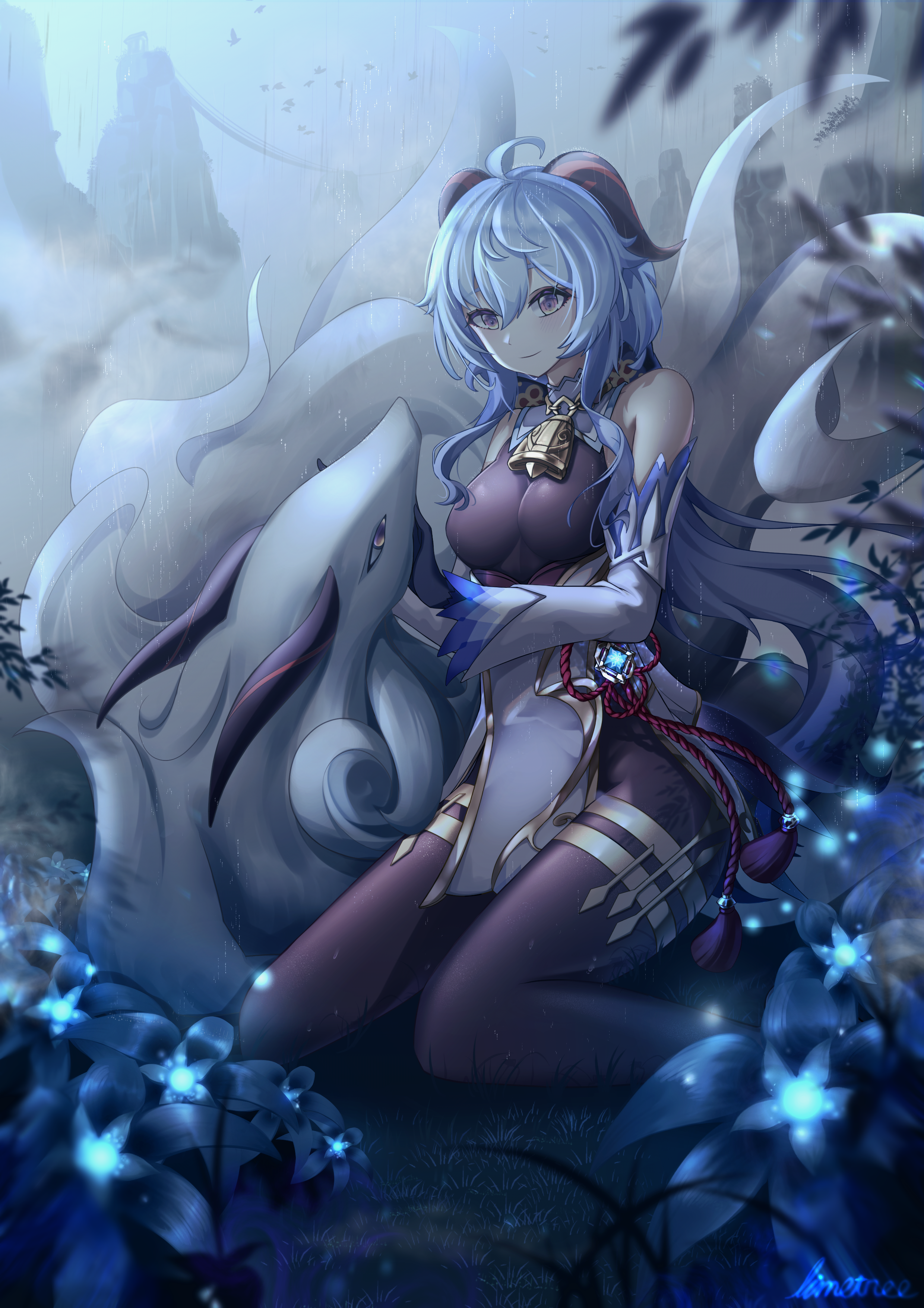 absurdres ahoge animal bare_shoulders bell black_gloves blue_hair breasts detached_sleeves flower ganyu_(genshin_impact) genshin_impact gloves gold_trim highres horns long_hair medium_breasts mountain neck_bell night purple_eyes qilin_(mythology) rain vision_(genshin_impact) winterlime12