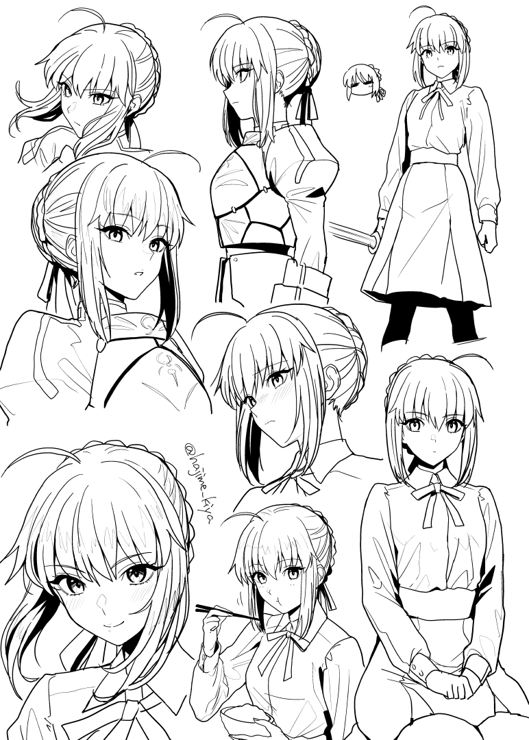 1girl ahoge artoria_pendragon_(fate) bowl chibi chopsticks collared_shirt eating expressionless fate/stay_night fate_(series) hair_bun holding holding_bowl kiya_hajime lineart monochrome multiple_views neck_ribbon parted_lips profile ribbon rice saber_(fate) shinai shirt sidelocks sitting skirt smile sword weapon