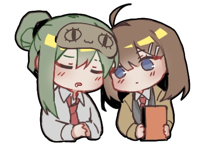 1boy 1girl ahoge blue_eyes blush book brown_hair brown_jacket chibi collared_shirt dress_shirt drooling expressionless eyebrow_cut green_hair grey_vest hair_ornament hair_rings hairclip heads_together hod_(project_moon) holding holding_book jacket library_of_ruina looking_at_another lowres mask_up medium_hair mouth_drool necktie netzach_(project_moon) own_hands_together project_moon red_necktie ryo_(pvplispulang) shirt simple_background sleep_mask upper_body vest white_background white_shirt