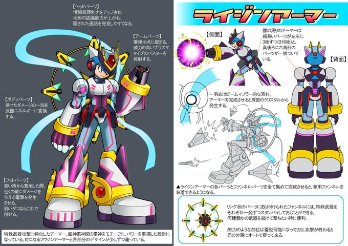 1boy android arm_cannon armor artist_request blue_eyes bodysuit boots gloves green_eyes grey_background looking_at_viewer male_focus mega_man_(series) mega_man_x_(series) multiple_views raijin_(mythology) red_gloves standing translation_request weapon white_background x_(mega_man)