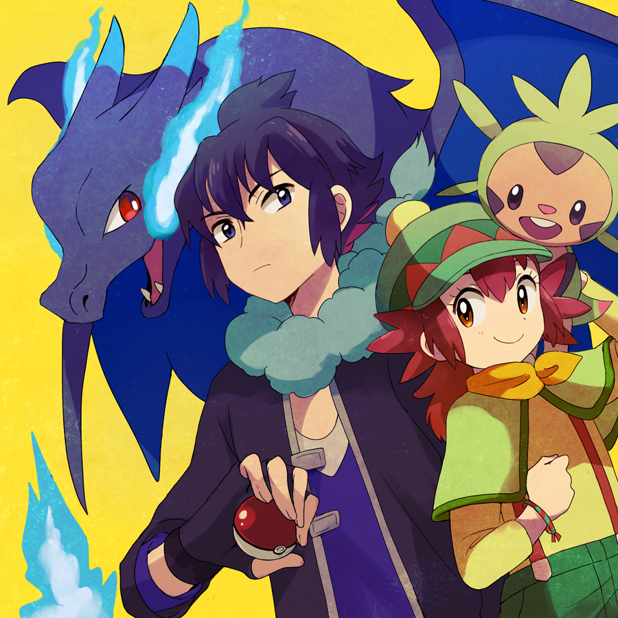 1boy 1girl alain_(pokemon) black_gloves black_hair black_jacket blue_eyes blue_fire blue_scarf blue_shirt charizard chespin closed_mouth commentary_request fangs fingerless_gloves fire game_freak gen_1_pokemon gen_6_pokemon gloves green_hat green_pants hat holding holding_poke_ball jacket mairin_(pokemon) mega_charizard_y mega_pokemon nintendo on_head open_clothes open_jacket pants poke_ball poke_ball_(basic) pokemon pokemon_(anime) pokemon_(creature) pokemon_on_head pokemon_xy_(anime) popcorn_91 red_eyes red_hair scarf shirt short_hair simple_background smile suspenders yellow_background yellow_shirt