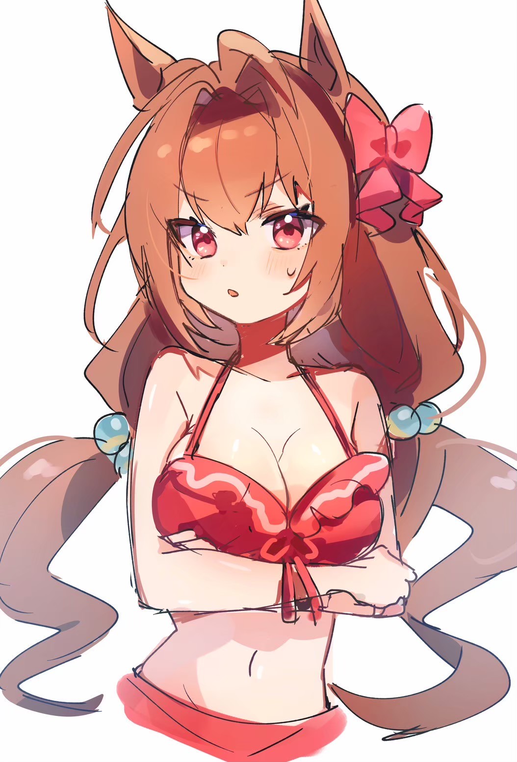1girl animal_ears antenna_hair arm_under_breasts bikini bikini_skirt blush breasts brown_hair cleavage commentary_request daiwa_scarlet_(trifle_vacation)_(umamusume) daiwa_scarlet_(umamusume) groin hair_bobbles hair_intakes hair_ornament hand_up highres horse_ears horse_girl large_breasts long_hair looking_at_viewer low_twintails navel official_alternate_costume pink_eyes shirano_akihiro smile solo swimsuit twintails twirling_hair umamusume upper_body very_long_hair white_background