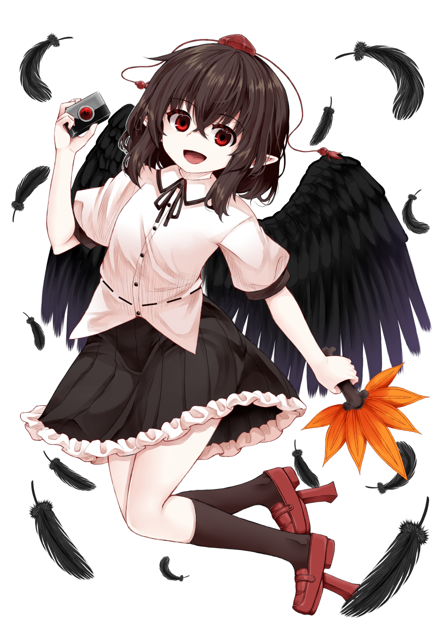 1girl bird_wings black_feathers black_ribbon black_skirt black_socks black_wings brown_hair camera collared_shirt falling_feathers feathers frilled_skirt frills game_cg geta hakurei_frontier_spell_strive hat highres holding holding_camera kneehighs long_sleeves looking_at_viewer neck_ribbon official_art open_mouth pointy_ears red_eyes red_hat ribbon shameimaru_aya shirt short_sleeves skirt smile socks solo tengu-geta third-party_source tokin_hat touhou transparent_background white_shirt wings zetsumame
