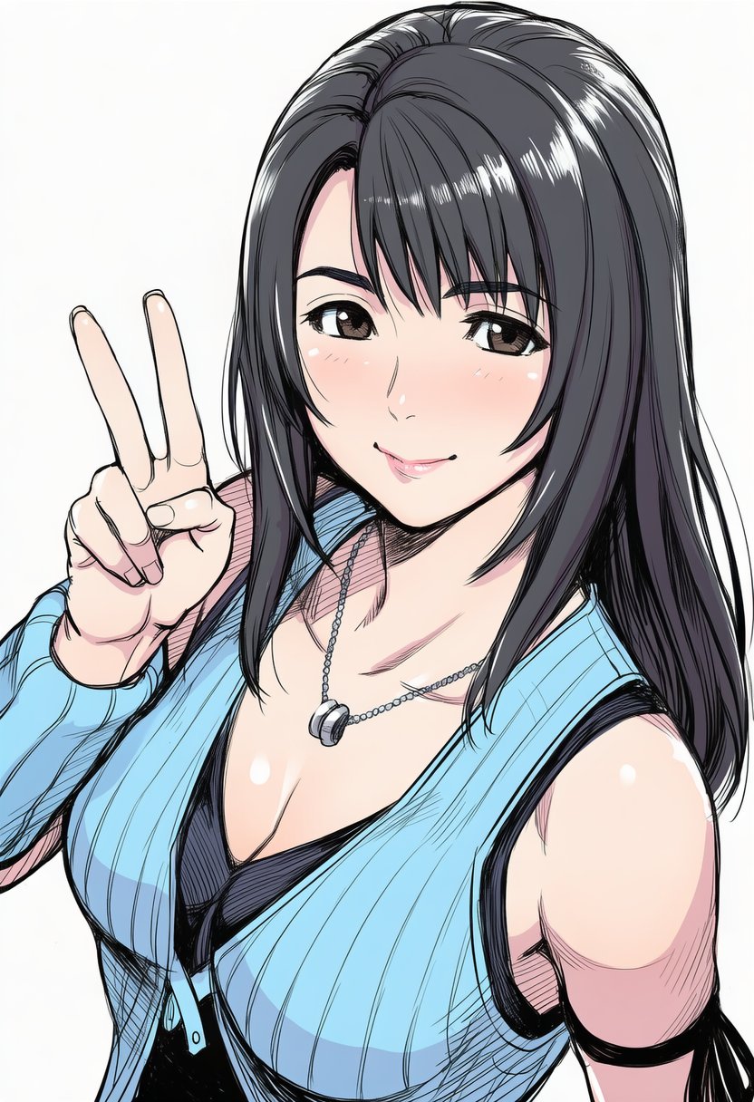 1girl arm_ribbon bare_shoulders black_hair black_ribbon black_shirt blue_arm_warmers blue_cardigan breasts cardigan cleavage final_fantasy final_fantasy_viii grey_eyes highres jaydamon jewelry light_blush long_hair medium_breasts necklace ribbon ring ring_necklace rinoa_heartilly shirt sleeveless sleeveless_shirt smile solo upper_body v white_background