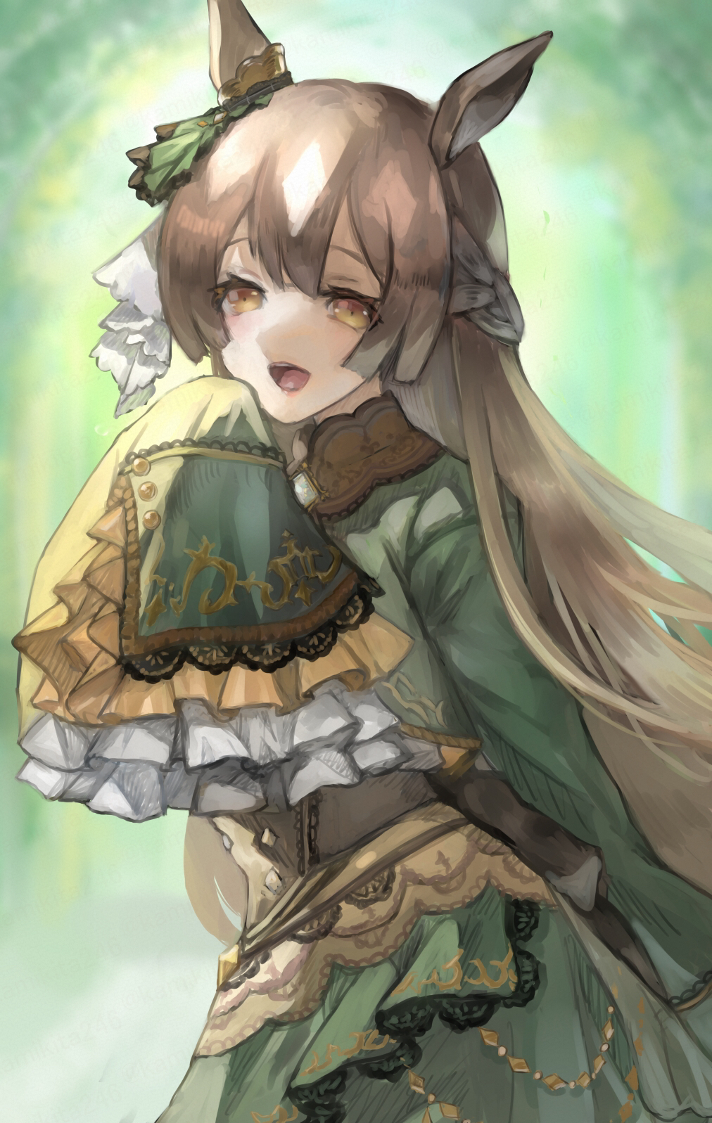1girl :d animal_ears blunt_sidelocks braid brown_corset brown_eyes brown_hair commentary_request corset cowboy_shot cropped_jacket double-parted_bangs ear_ornament frilled_sleeves frills gradient_background green_jacket green_skirt hair_between_eyes half_up_braid highres horse_ears jacket long_hair long_sleeves looking_at_viewer mai_yukari multicolored_hair open_mouth satono_diamond_(umamusume) sidelocks skirt sleeves_past_fingers sleeves_past_wrists smile solo streaked_hair umamusume underbust veil very_long_hair