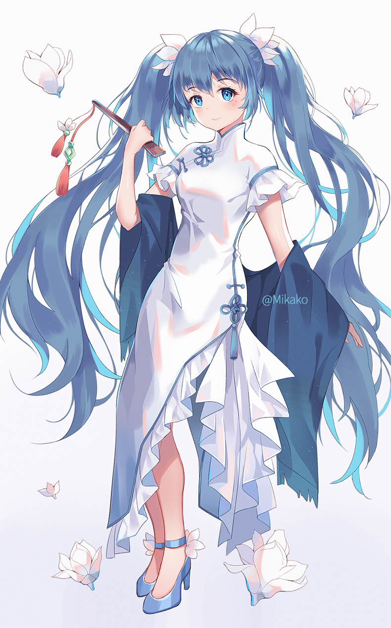 1girl artist_name blue_eyes blue_hair blush china_dress chinese_clothes closed_mouth dress flower frills full_body hair_ornament hand_up hatsune_miku hatsune_miku_(vocaloid4)_(chinese) highres holding long_hair looking_at_viewer mikako short_sleeves sidelocks simple_background smile standing twintails very_long_hair vocaloid white_background