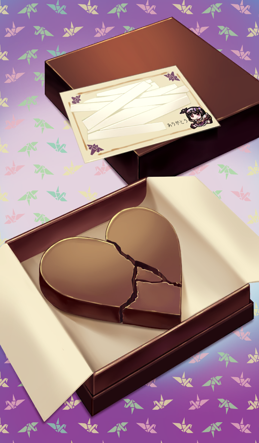 bat_(animal) beppu_mitsunaka box candy chocolate chocolate_heart commentary crack fate/grand_order fate_(series) food food_focus heart heart-shaped_food in_box in_container letter lid no_humans official_art open_box origami osakabehime_(fate) paper paper_crane purple_background still_life third-party_source translated