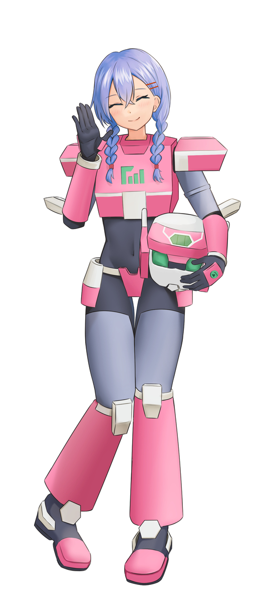 1girl armor artist_request black_bodysuit black_gloves blue_eyes blue_hair bodysuit boots braid breasts closed_eyes closed_mouth girlfriend_(kari) gloves hair_ornament hairclip helmet highres large_breasts long_hair medium_breasts murakami_fumio pink_armor pink_boots pink_helmet solo standing twin_braids twintails unworn_headwear unworn_helmet