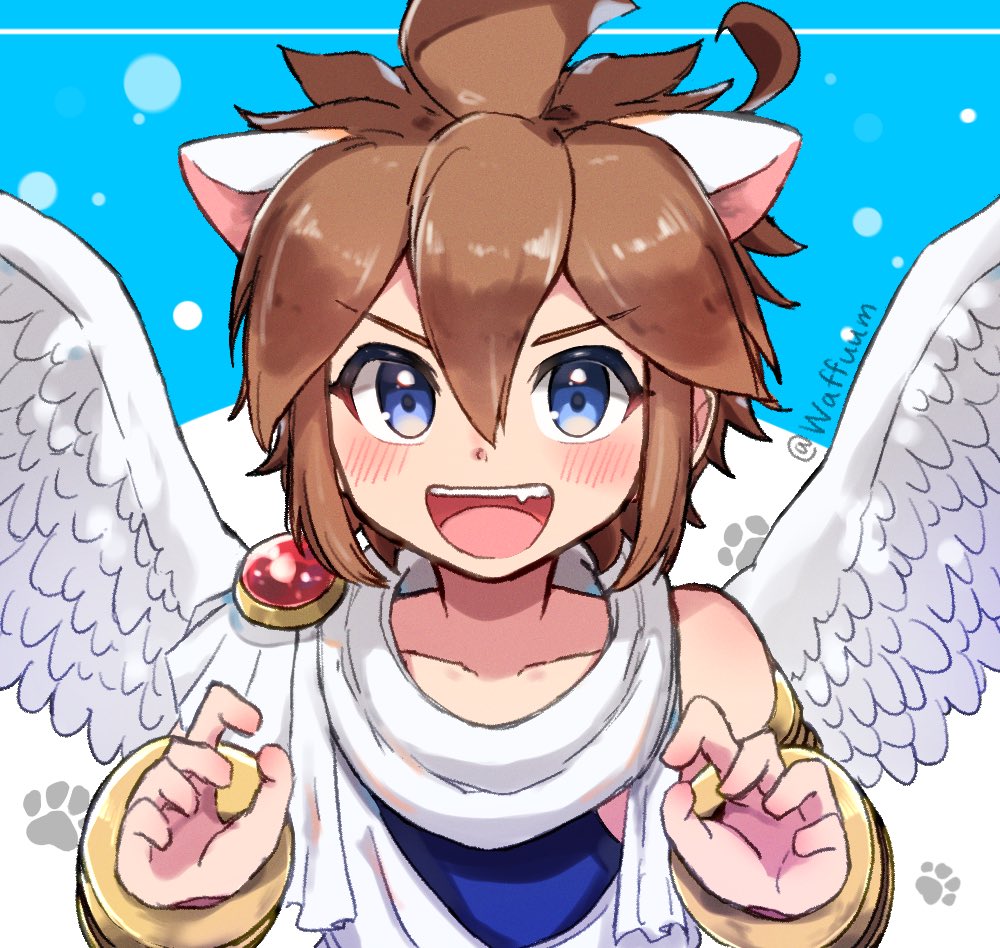1boy :d ahoge androgynous angel angel_wings animal_ears armlet artist_name blue_background blue_eyes blue_undershirt blush bracer brown_hair cat_boy cat_ears claw_pose collarbone commentary_request facing_viewer fang feathered_wings gold_armlet hair_between_eyes jewelry kemonomimi_mode kid_icarus kid_icarus_uprising male_focus nintendo open_mouth paw_print paw_print_background pit_(kid_icarus) short_hair signature single_bare_shoulder smile spiked_hair twitter_username undershirt v-shaped_eyebrows waffuum white_wings wings