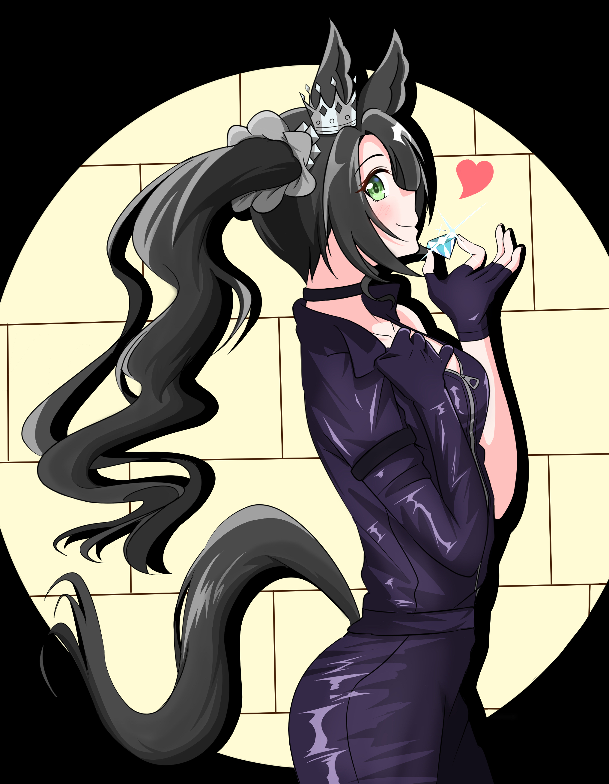 1girl absurdres animal_ears asymmetrical_bodysuit black_bodysuit black_choker black_gloves black_hair bodysuit breasts choker clothing_cutout diamond_(gemstone) ear_ornament ear_scrunchie ear_through_crown fingerless_gloves from_side gloves green_eyes hair_between_eyes heart highres holding horse_ears horse_girl horse_tail ke_(pixiv_84996172) long_hair looking_at_viewer medium_breasts multicolored_hair official_alternate_costume satono_crown_(umamusume) side_ponytail sideways_glance single_glove single_sleeve smile solo streaked_hair tail tail_through_clothes umamusume white_hair