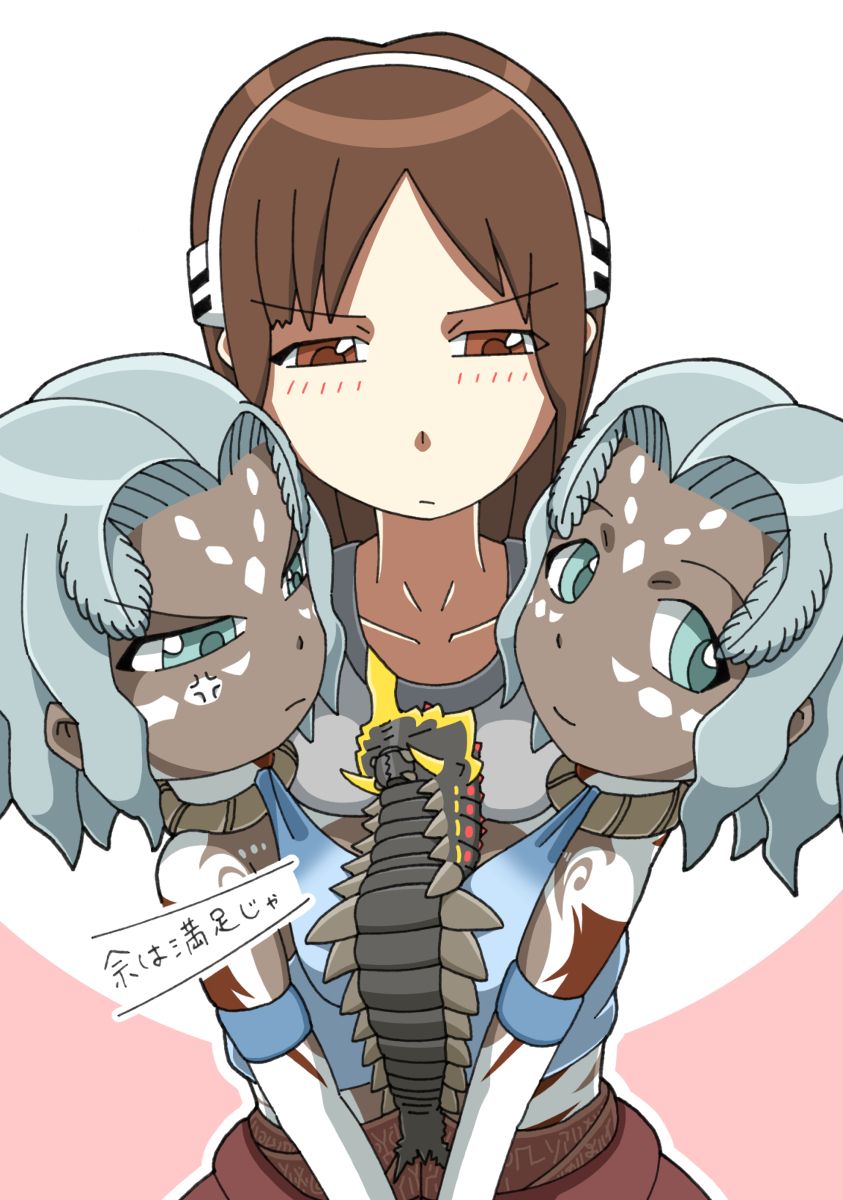 1boy 3girls anger_vein angry antenna baby battra beni_(artist) beni_beni136 blue_eyes blue_hair blush breast_press breasts brown_eyes brown_hair bug caterpillar chibi dark_skin godzilla:_city_on_the_edge_of_battle godzilla:_planet_of_the_monsters godzilla:_the_planet_eater godzilla_(series) godzilla_vs._mothra headband highres horns houtua larva looking_at_another looking_at_viewer looking_down maina miana multiple_girls pink_background polygon_pictures short_hair simple_background single_horn sleeping tani_yuko tattoo toho translation_request tribal tribal_tattoo white_background