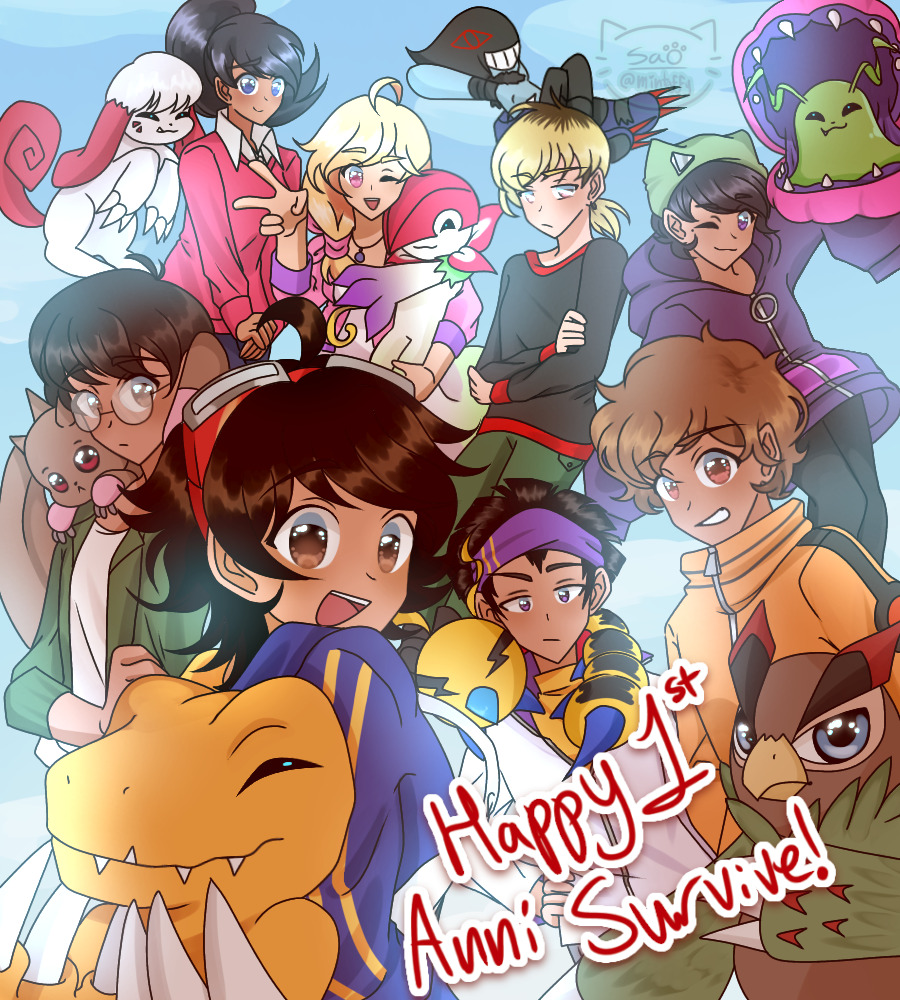 agumon beak digimon digimon_survive dracumon expressionless falcomon floramon happy hinata_minoru kayama_shuuji kimishima_saki kunemon labramon looking_at_viewer lopmon momotsuka_takuma open_mouth shakomon shibuya_aoi shinonome_kaito shinonome_miu smile tominaga_ryo