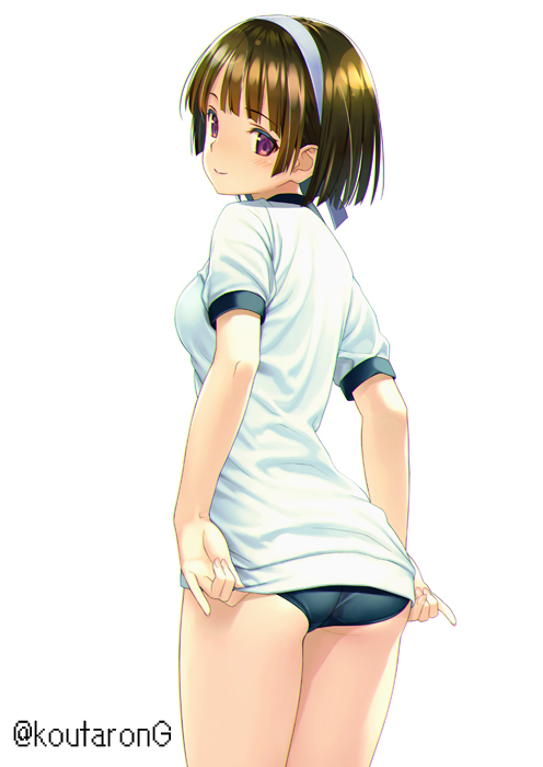1girl ass black_buruma blush breasts brown_hair buruma closed_mouth commentary_request gym_shirt gym_uniform hairband koutaro looking_at_viewer looking_back original puffy_short_sleeves puffy_sleeves purple_eyes shirt short_sleeves simple_background small_breasts smile solo twitter_username white_background white_hairband white_shirt