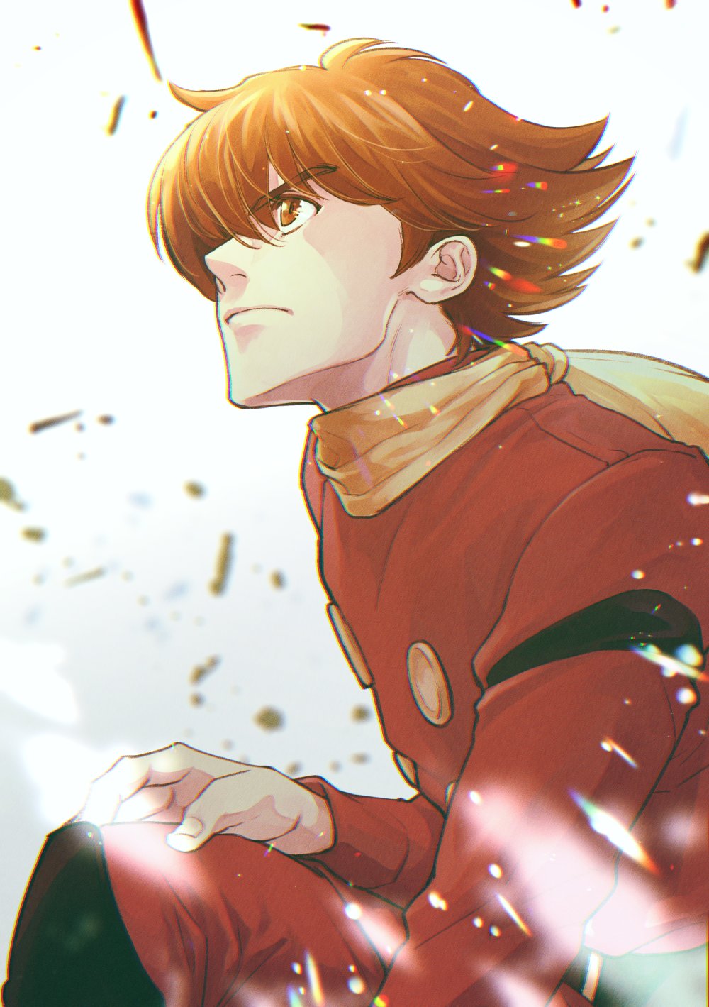 1boy ahoge black_boots boots brown_eyes brown_hair coat cyborg cyborg_009 dragon-inn dynamic_pose hair_over_one_eye highres looking_to_the_side male_focus military_uniform on_one_knee pants red_coat red_pants scarf shimamura_joe short_hair soldier yellow_scarf