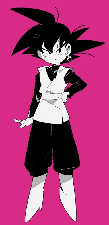1boy black_bodysuit black_eyes black_hair black_pants bodysuit boots dougi dragon_ball dragon_ball_super earrings goku_black hand_on_own_hip jewelry long_sleeves looking_at_viewer monochrome pants pink_background potara_earrings ring saiyan sash smug solo spiked_hair suzuka_g white_footwear