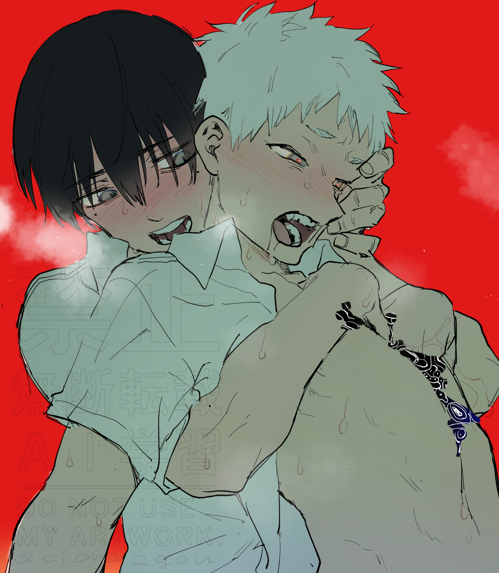 2boys black_hair blush collared_shirt grey_eyes hikaru_ga_shinda_natsu indou_hikaru male_focus mole mole_on_cheek mole_under_eye multiple_boys multiple_moles open_clothes open_shirt red_background red_pupils serizawa_nae shirt short_eyebrows short_hair short_sleeves slit_pupils sweat teeth tsujinaka_yoshiki uncommon_stimulation upper_body watermark white_hair white_shirt yaoi