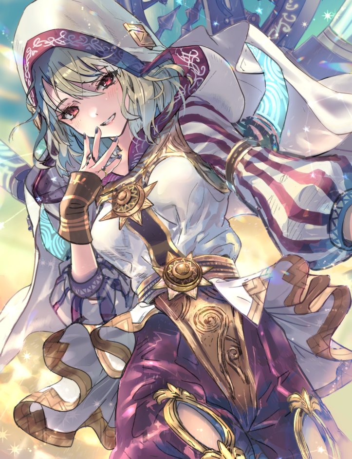 1girl black_nails breasts clothing_cutout final_fantasy final_fantasy_xiv gloves grey_hair hood hood_up hooded_robe jewelry looking_at_viewer mimiora26 nymeia pants purple_pants red_eyes ring robe smile solo spinning_wheel striped_sleeves