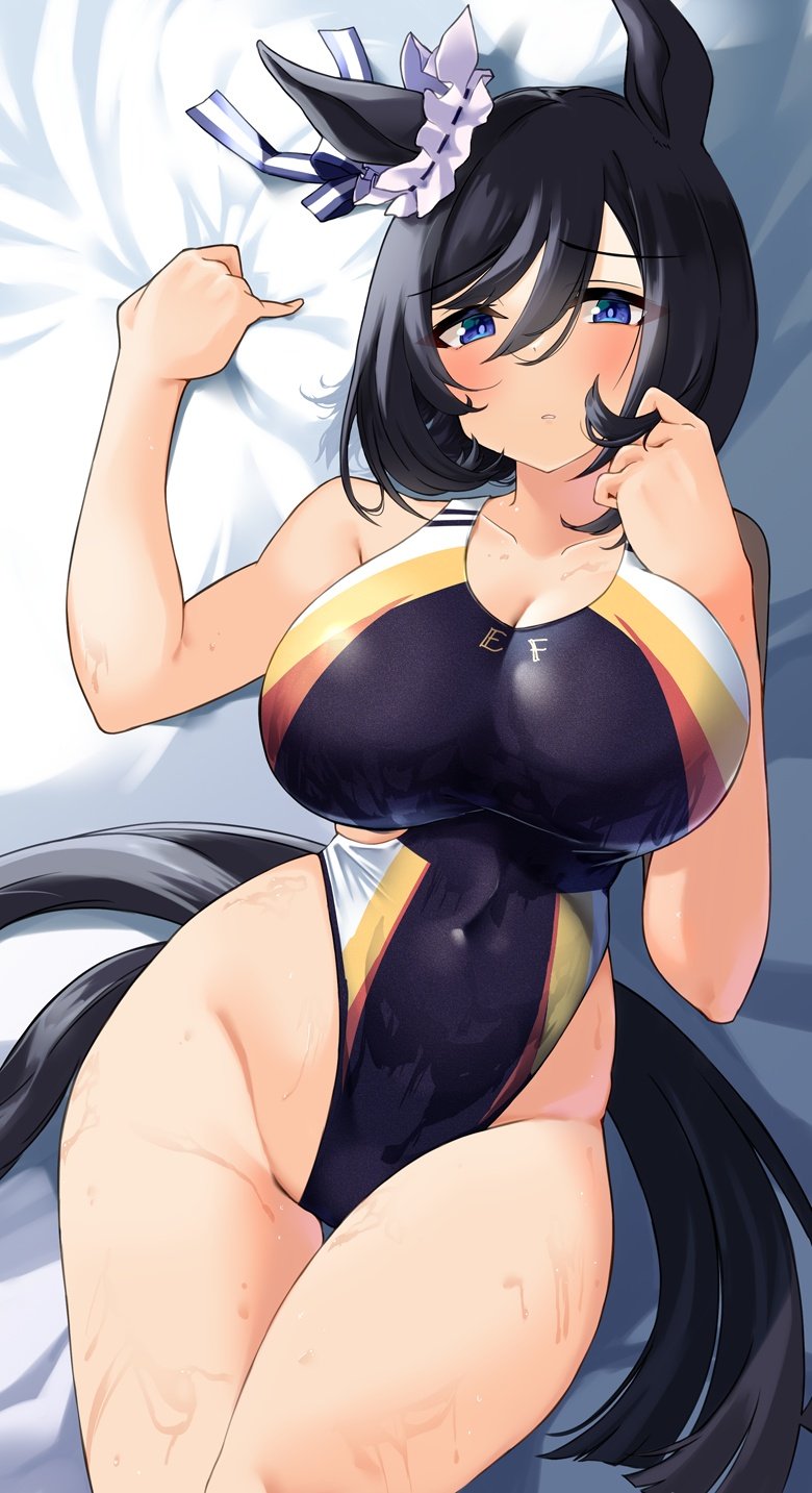 1girl animal_ears black_hair black_tail blue_eyes blush breasts cleavage collarbone covered_navel curvy eishin_flash_(umamusume) hair_ornament hand_in_own_hair highres horse_ears horse_tail komb large_breasts lying multicolored_swimsuit on_back on_bed one-piece_swimsuit short_hair solo swimsuit tail umamusume wide_hips