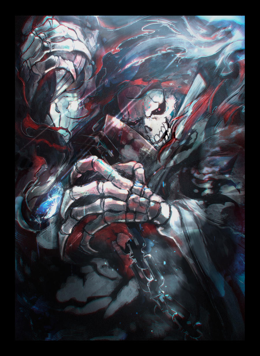 2boys ainz_ooal_gown armor black_border black_cloak black_sclera border breastplate chain cloak colored_sclera full_armor highres hood hood_up hooded_cloak horocca lich looking_at_viewer male_focus multiple_boys overlord_(maruyama) plate_armor red_eyes skeleton skull touch_me upper_body