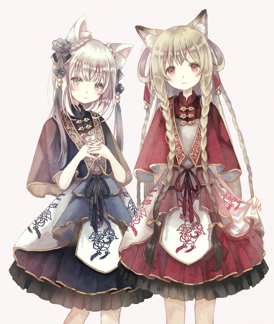 2girls :3 :| animal_ears arm_at_side beige_background blonde_hair blue_flower blue_ribbon blue_rose blush braid brown_hair cat_ears cat_girl closed_mouth crossed_bangs expressionless eyelashes floral_print flower flower_knot french_braid gem gradient_hair grey_eyes hair_rings height_difference holding holding_unworn_clothes long_hair looking_at_viewer multicolored_eyes multicolored_hair multiple_girls original oro_ponzu own_hands_clasped own_hands_together pearl_(gemstone) red_eyes red_ribbon ribbon rose see-through_clothes short_hair side_braid simple_background smile tareme tassel twin_braids very_long_hair white_hair yellow_eyes yellow_ribbon