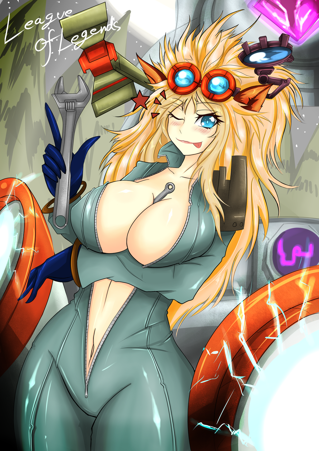 1girl animal_ears blonde_hair blue_eyes blush breasts cleavage female_focus gender_request genderswap goggles heimerdinger highres huge_breasts league_of_legends long_hair navel solo tagme tongue tongue_out torahimemax wrench