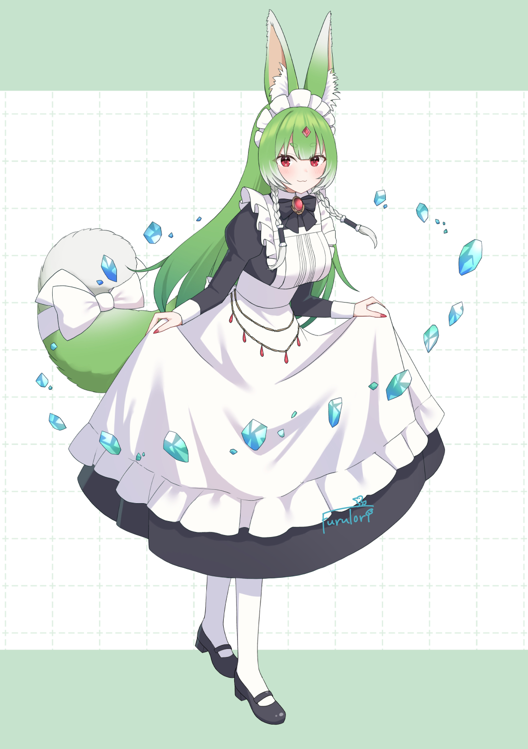 1girl :3 animal_ear_fluff animal_ears apron artist_name black_bow black_bowtie black_dress black_shoes blush bow bowtie braid breasts cera_luceria colored_tips commission dress furutori gem gem_hair_ornament globie green_hair hair_tubes highres long_hair long_sleeves maid maid_headdress multicolored_hair pink_gemstone pink_nails red_brooch red_eyes shoes skeb_commission skirt_hold solo tail tail_bow tail_ornament twin_braids virtual_youtuber white_apron white_bow white_hair