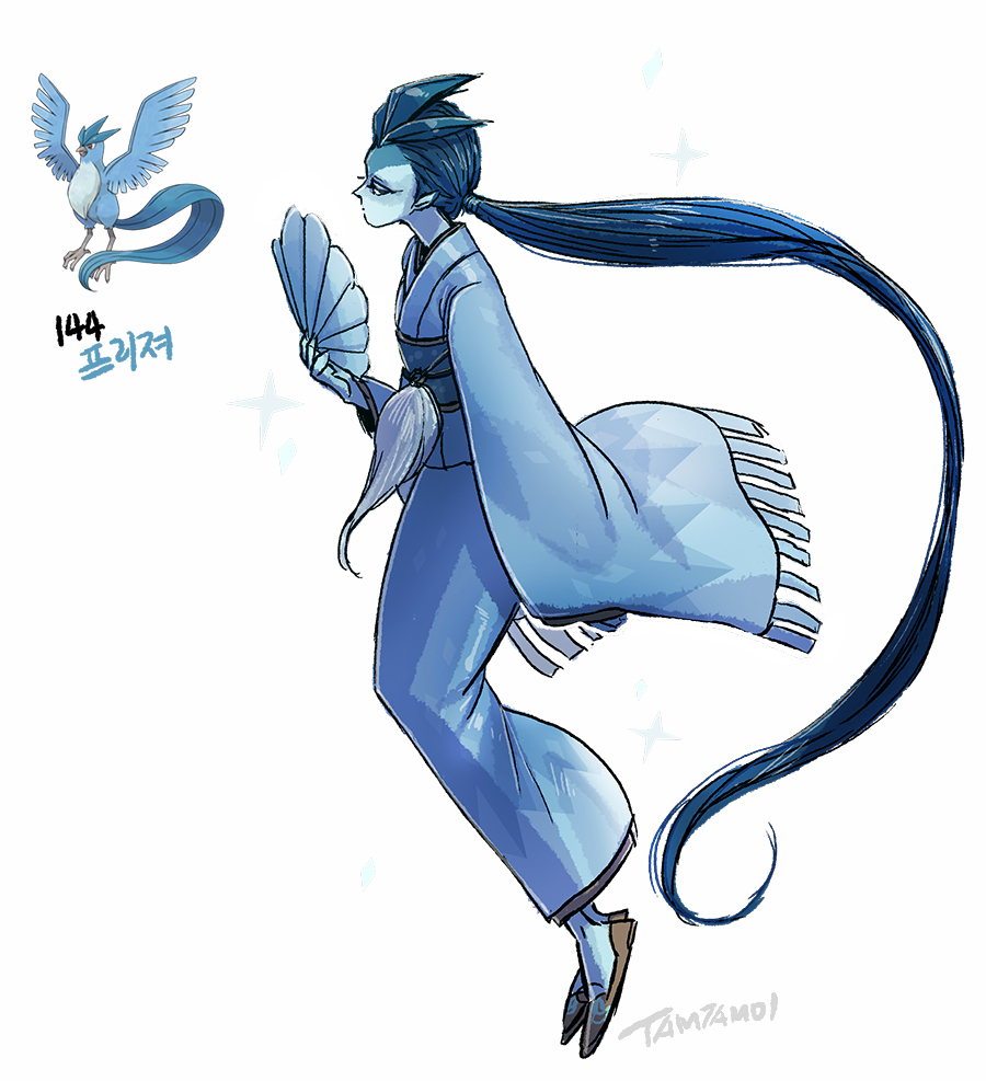 1girl articuno blue_hair blue_kimono blue_skin brown_footwear colored_skin commentary full_body gen_1_pokemon hand_fan holding holding_fan japanese_clothes kimono legendary_pokemon long_hair nintendo personification pokemon pokemon_(creature) ponytail reference_inset simple_background sparkle tamtamdi translated white_background wide_sleeves