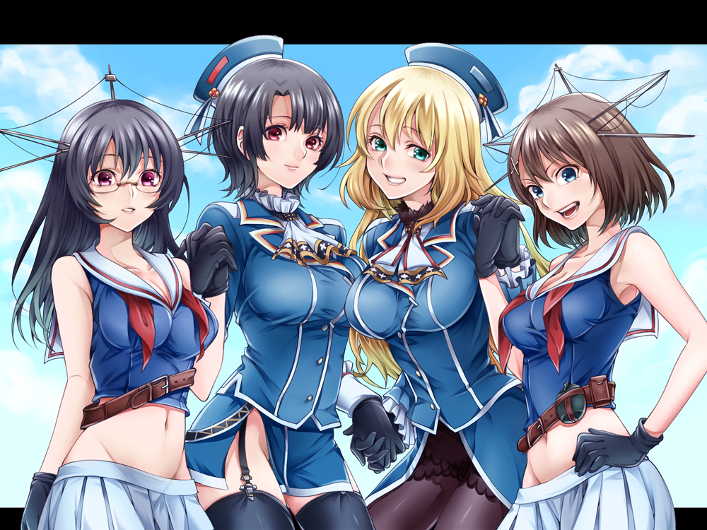 10s 4girls atago_(kancolle) bad_id bad_pixiv_id belt black_gloves black_hair blonde_hair blue_eyes blue_shirt breasts brown_hair choukai_(kancolle) cleavage crop_top garter_belt glasses gloves grin holding_hands hand_on_own_hip impossible_clothes impossible_shirt interlocked_fingers kantai_collection large_breasts long_hair long_sleeves looking_at_viewer maya_(kancolle) midriff multiple_girls navel olmatown open_mouth pantyhose parted_lips personification pleated_skirt red_eyes shirt short_hair skirt smile takao_(kancolle) taut_clothes taut_shirt thighhighs uniform white_skirt