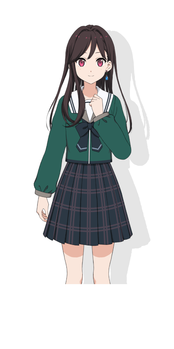 1girl 22/7 22/7_ongaku_no_jikan arm_at_side asymmetrical_hair black_bow black_bowtie black_hair black_skirt bow bowtie clenched_hand closed_mouth cropped_legs drop_shadow earrings green_shirt hand_up highres jewelry light_smile long_hair long_sleeves marunouchi_kaoruko official_art plaid_clothes plaid_skirt pleated_skirt red_eyes rokubanchou_school_uniform sailor_collar school_uniform serafuku shirt single_sidelock skirt solo standing straight-on tachi-e transparent_background white_sailor_collar winter_uniform