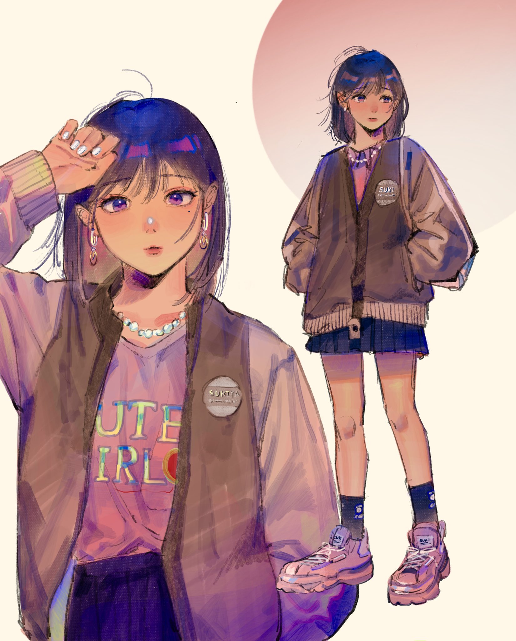 1girl amo_(amo_0514) ankle_socks black_hair black_skirt black_socks blush closed_mouth clothes_writing colored_inner_hair commentary earrings english_commentary fingernails full_body gradient_background grey_jacket hair_behind_ear hand_in_pocket hand_to_head hand_up hands_in_pockets highres jacket jewelry long_sleeves looking_at_viewer looking_to_the_side medium_hair miniskirt mole mole_under_eye multicolored_hair multiple_views nail_polish necklace open_clothes open_jacket original parted_lips pearl_necklace pink_background pink_hair pink_shirt pink_shoes pleated_skirt puffy_long_sleeves puffy_sleeves purple_eyes shirt shirt_tucked_in shoes skirt sneakers socks standing turning_head upper_body white_background white_nails