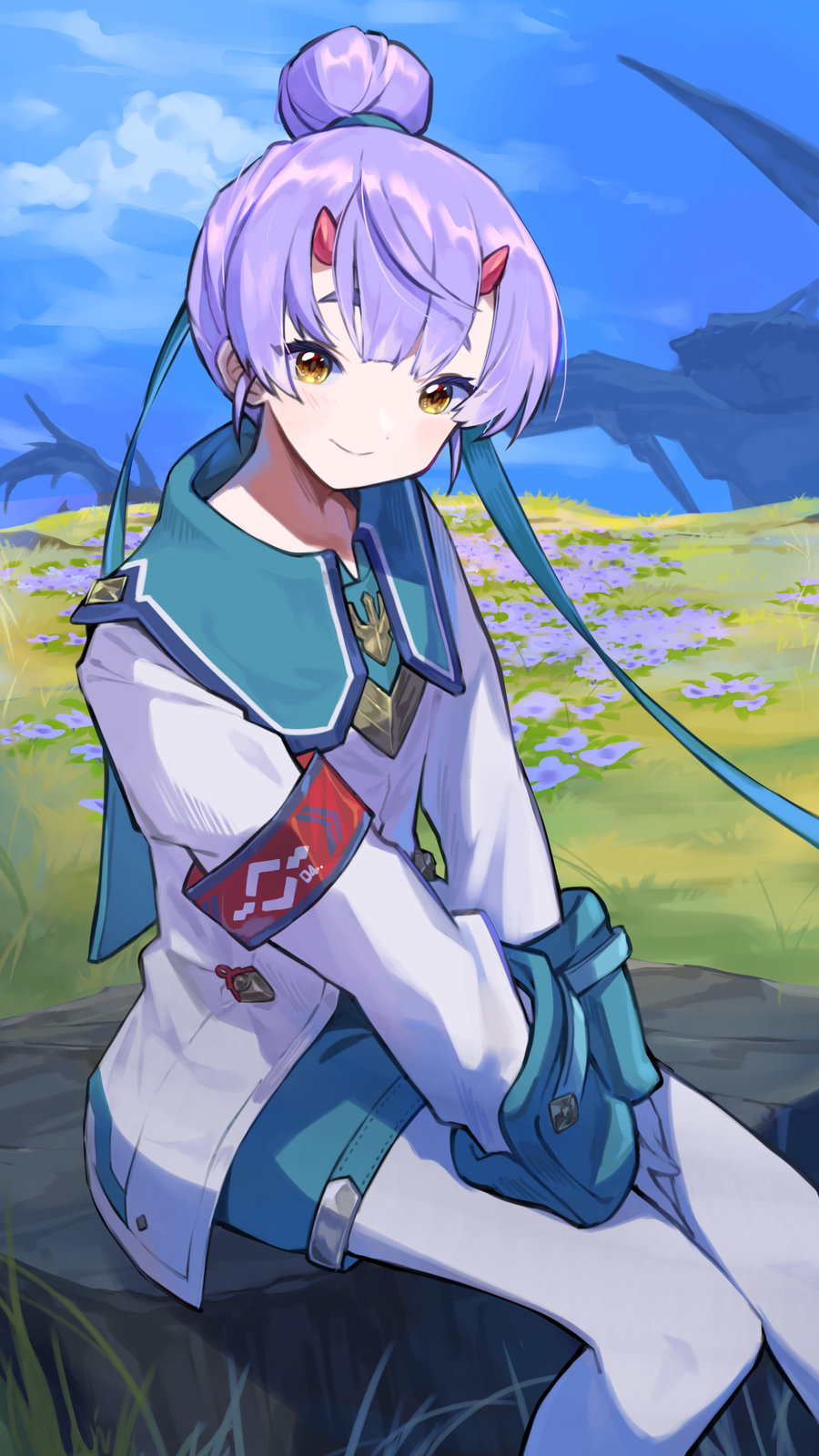 1girl asagi1111 black_undershirt fiona_(xenoblade) gloves highres horns light_purple_hair long_sleeves meadow pantyhose short_hair sky smile solo white_gloves xenoblade_chronicles_(series) xenoblade_chronicles_3 yellow_eyes yellow_pupils