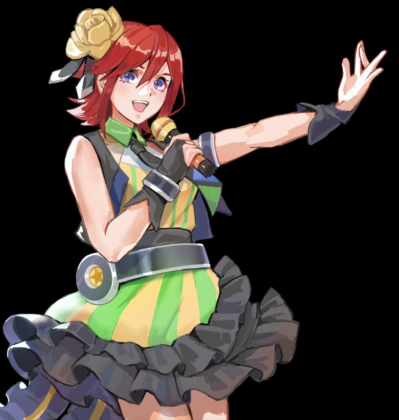 1girl artistic_error bad_anatomy bad_hands black_background black_necktie black_vest bridal_gauntlets flower frilled_skirt frills hair_flower hair_ornament halter_shirt halterneck holding holding_microphone idol kaname_buccaneer macross macross_delta microphone necktie nekkikamille open_hand open_mouth purple_eyes red_hair shirt skirt smile solo striped_clothes striped_shirt striped_skirt vertical-striped_clothes vertical-striped_shirt vertical-striped_skirt vest wrist_cuffs yellow_flower yellow_skirt