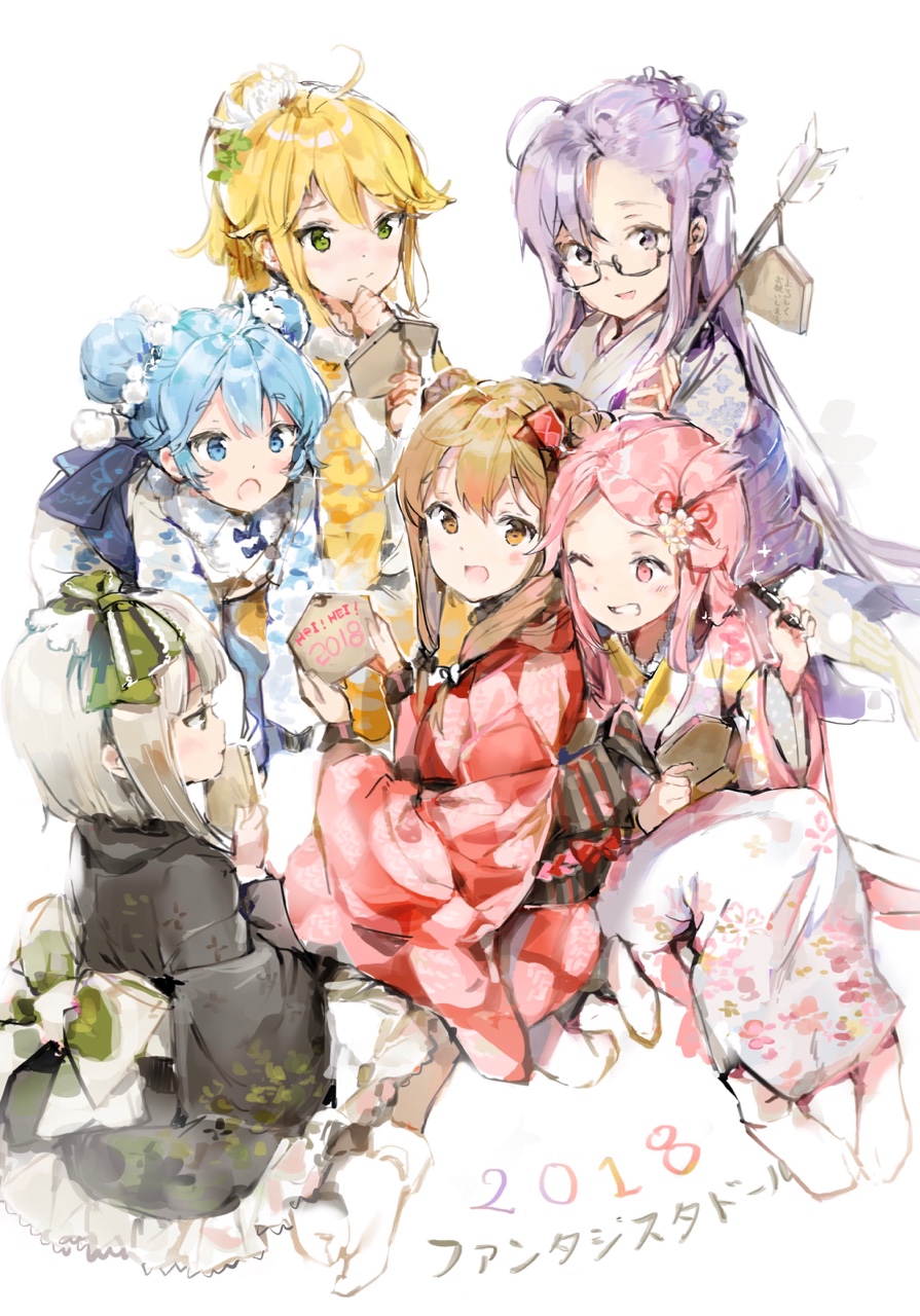2018 6+girls :d :o akari_(fantasista_doll) anmi arrow_(projectile) bent_over black_kimono blonde_hair blue_eyes blue_hair blue_kimono blush bow brown_eyes brown_hair closed_mouth copyright_name fantasista_doll floral_print flower fur_trim green_bow green_eyes grey_eyes grin hair_bow hair_flower hair_ornament hamaya highres holding japanese_clothes katia_(fantasista_doll) kimono long_hair long_sleeves looking_at_viewer madeleine_(fantasista_doll) multiple_girls new_year nose_blush obi one_eye_closed open_mouth pink_eyes pink_hair purple_eyes purple_hair purple_kimono red_kimono sasara_(fantasista_doll) sash seiza shimeji_(fantasista_doll) short_hair silver_hair sitting smile tabi translation_request uno_uzume white_kimono white_legwear yellow_kimono