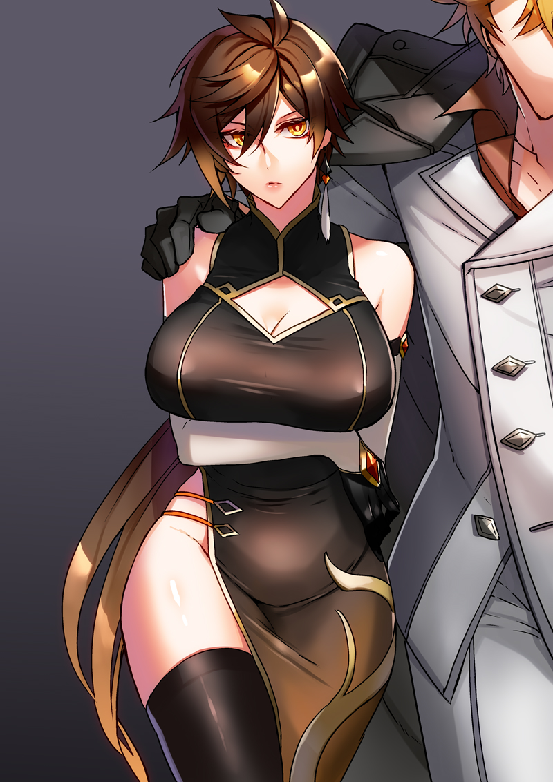 1boy 1girl bare_shoulders black_gloves black_thighhighs breasts brown_hair china_dress chinese_clothes cleavage cleavage_cutout closed_mouth clothing_cutout collarbone collared_shirt commentary_request crossed_arms dress earrings elbow_gloves eyeliner eyeshadow faceless faceless_male genderswap genderswap_(mtf) genshin_impact gloves gradient_hair hair_between_eyes hand_on_another&#039;s_shoulder jacket jacket_on_shoulders jewelry kaneaki_mukku large_breasts long_hair looking_at_viewer makeup multicolored_hair orange_hair ponytail red_eyeshadow shirt simple_background single_earring sleeveless tartaglia_(genshin_impact) tassel tassel_earrings thighhighs yellow_eyes zhongli_(genshin_impact)