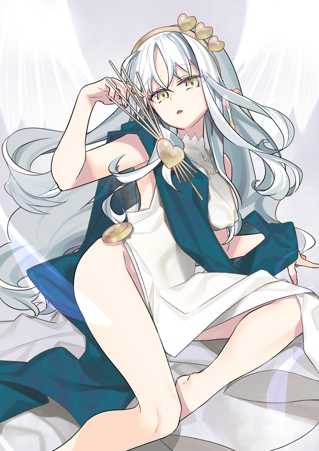 1girl bare_shoulders breasts caren_hortensia caren_hortensia_(amor_caren) caren_hortensia_(amor_caren)_(calling_agape) dress fate/grand_order fate_(series) hair_ornament hairband heart heart_hair_ornament jewelry long_hair looking_at_viewer medium_breasts necklace negi_(ulog&#039;be) parted_lips pearl_necklace sash solo thighs wavy_hair white_dress white_hair yellow_eyes