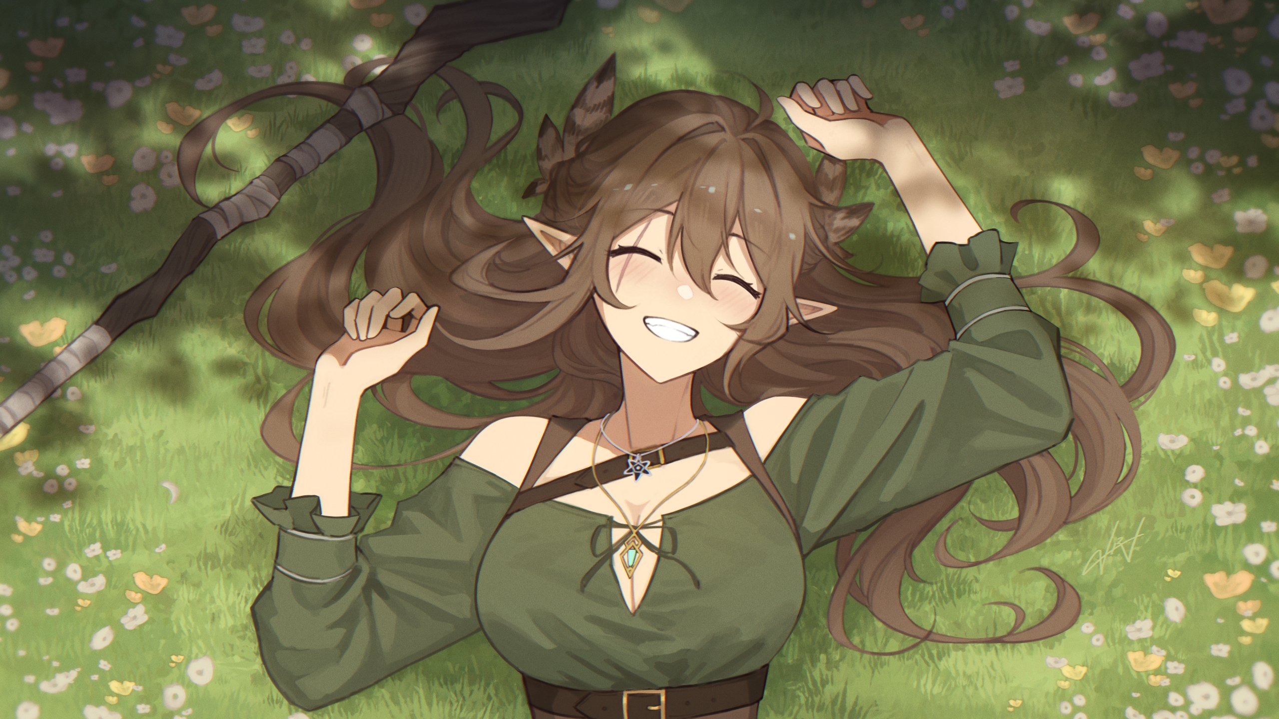 1girl ^_^ atom belt belt_buckle black_belt breasts brown_corset brown_hair buckle chest_belt cleavage closed_eyes commentary corset day english_commentary eyelashes feather_hair_ornament feathers field flower flower_field frilled_sleeves frills gold_buttons green_shirt grin hair_between_eyes hair_ornament hair_spread_out happy high_belt highres indie_virtual_youtuber jewelry kumi_(vtuber) large_breasts light_blush long_hair long_sleeves lying necklace off-shoulder_shirt off_shoulder on_back outdoors pendant pointy_ears scar scar_across_eye scar_on_face second-party_source shade shadow shirt smile solo staff tree under_tree upper_body velephyr very_long_hair virtual_youtuber white_flower yellow_flower