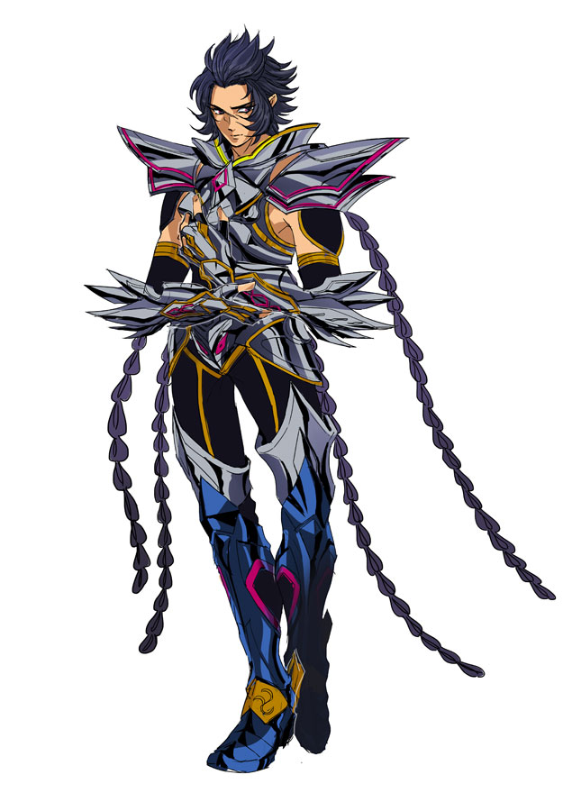 1boy armor armored_boots black_hair blue_armor boots full_body gauntlets gold_trim hands_up looking_at_viewer male_focus mantles multicolored_armor neon_trim pauldrons phoenix_ikki purple_eyes saint_seiya saint_seiya:_legend_of_sanctuary scar scar_on_face short_hair shoulder_armor solo standing