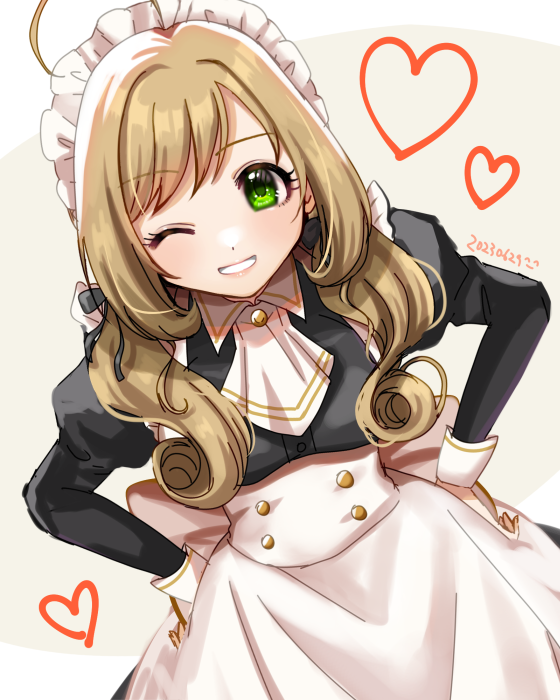 1girl ;d ahoge alternate_costume apron ascot ayaca black_dress blush breasts brown_hair dated dress enmaided green_eyes grin hands_on_own_hips heart idolmaster idolmaster_cinderella_girls juliet_sleeves long_sleeves maid maid_headdress medium_breasts one_eye_closed open_mouth puffy_sleeves sato_shin smile solo white_apron white_ascot