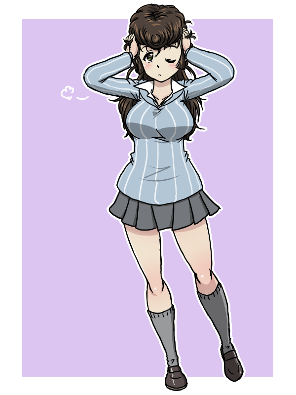 1girl black_eyes black_shoes blue_sweater breasts brown_hair closed_mouth collared_shirt girls_und_panzer grey_shirt grey_socks hands_on_own_head keizoku_school_uniform kneehighs large_breasts long_hair miniskirt one_eye_closed pleated_skirt pompadour purple_background school_uniform shirt shoes simple_background skirt socks sweater takahashi_kurage vertical-striped_sweater white_shirt yuri_(girls_und_panzer)
