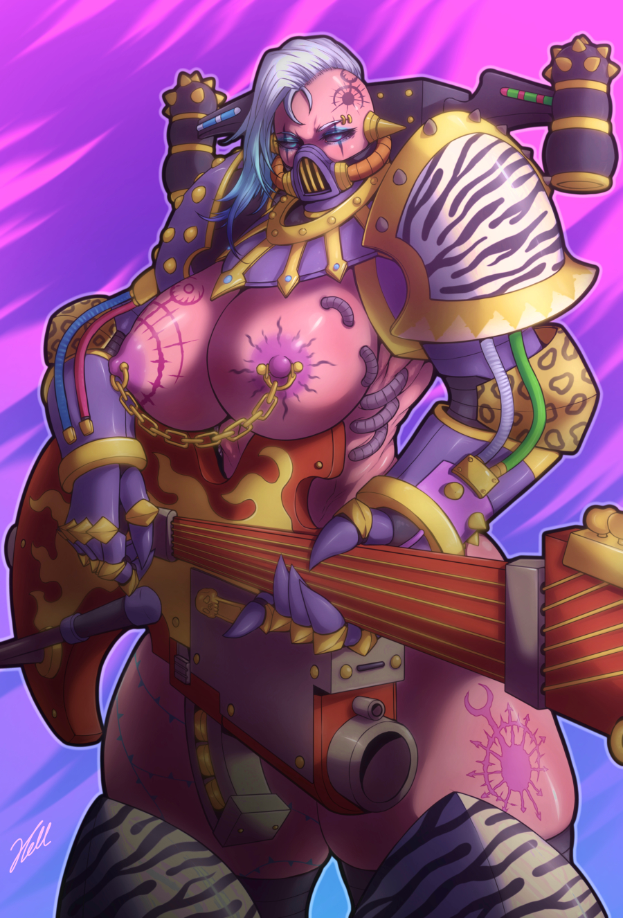 1girl adeptus_astartes armor breasts chain chaos_(warhammer) chaos_space_marine colored_sclera colored_skin commentary emperor&#039;s_children english_commentary genderswap genderswap_(mtf) guitar hellcross_(dkrejd2000) highres holding holding_guitar holding_instrument instrument large_breasts mask nipple_piercing nipples noise_marines pauldrons piercing pink_background pink_skin purple_sclera respirator science_fiction shoulder_armor slaanesh_(symbol) solo warhammer_40k white_eyes white_hair