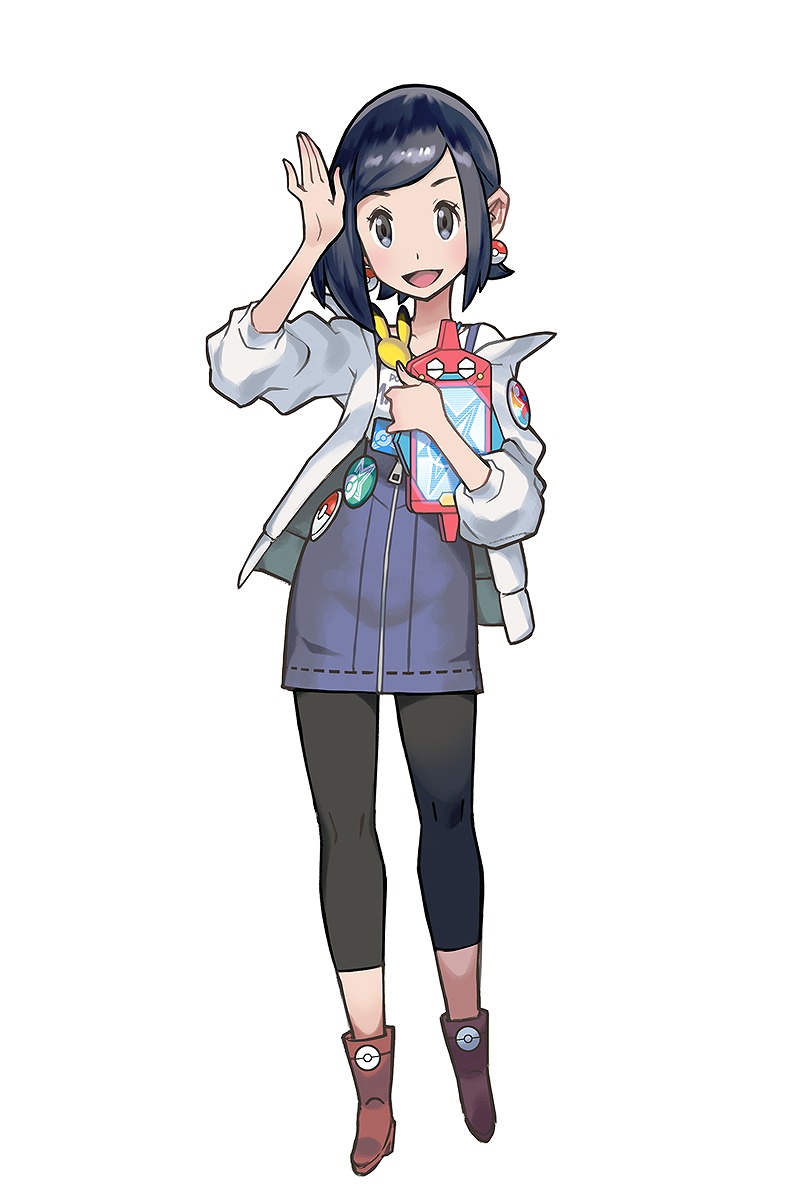 1girl :d badge black_eyes black_hair black_leggings blue_skirt blush body_blush boots button_badge character_print clothes_writing collarbone earrings fingernails full_body gen_1_pokemon gen_2_pokemon hair_behind_ear hand_up high-waist_skirt highres holding holding_tablet_pc id_card jacket jewelry kana_(pokemon) leggings nintendo off-shoulder_jacket off_shoulder official_art open_clothes open_hand open_jacket open_mouth pikachu poke_ball_earrings poke_ball_print poke_ball_symbol poke_ball_theme pokemon pokemon_(creature) pokemon_masters_ex porygon porygon2 poryphone red_footwear shirt short_hair skirt smile standing suspender_skirt suspenders tablet_pc tongue white_background white_jacket white_shirt zipper_pull_tab