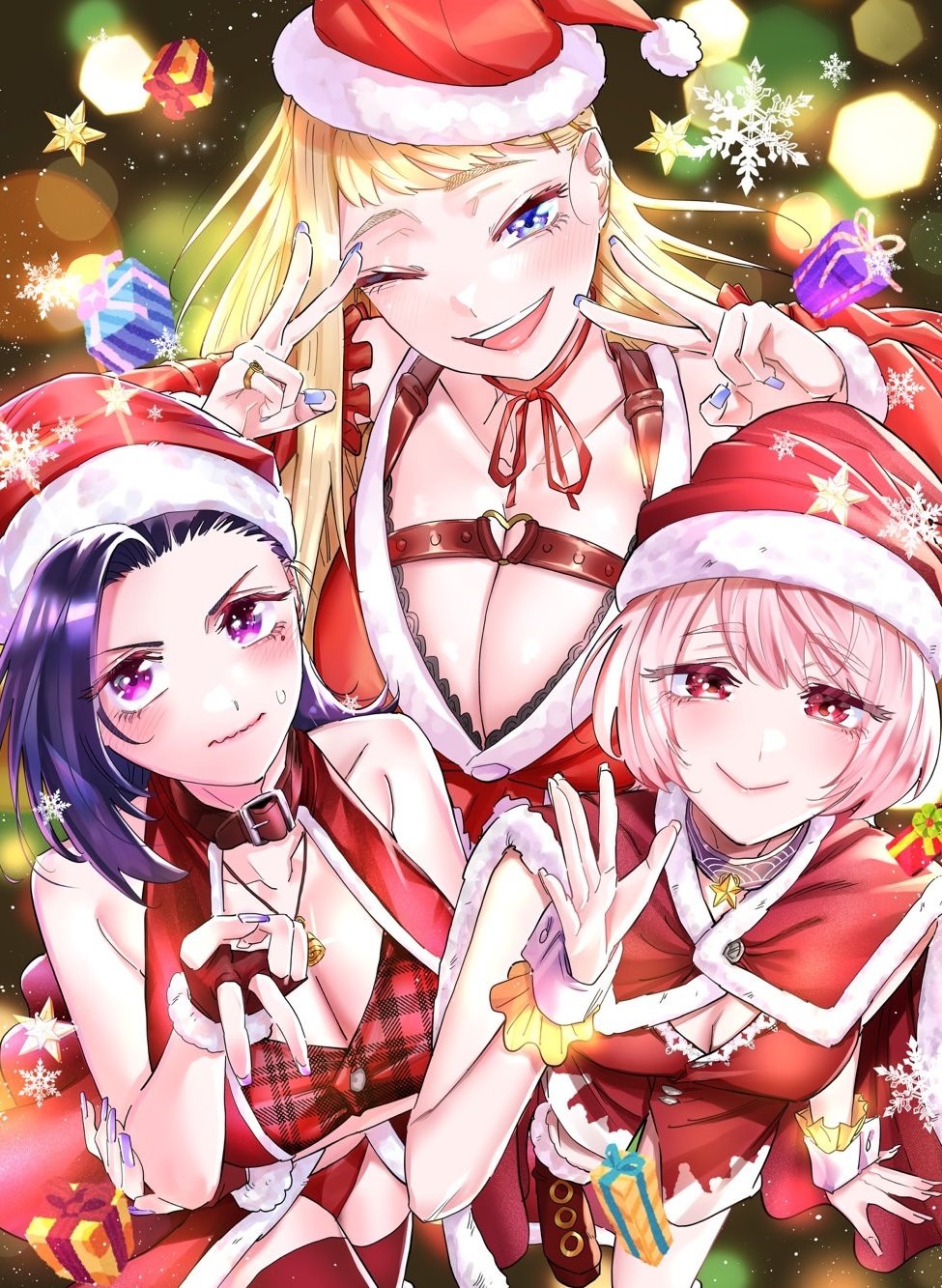 3girls akino_sayuri blue_eyes blue_nails blurry bokeh boots bra breasts brown_collar cape chest_harness christmas cleavage collar depth_of_field dosanko_gal_wa_namaramenkoi double_v fake_nails fingerless_gloves fur-trimmed_cape fur-trimmed_footwear fur-trimmed_headwear fur_trim fuyuki_minami gift gloves hair_behind_ear halter_shirt halterneck harness hat heart heart_o-ring highres ikada_kai large_breasts looking_up medium_breasts multiple_girls nail_polish natsukawa_rena nervous o-ring one_eye_closed open_hand pink_hair pinky_ring purple_eyes purple_hair purple_nails red_bra red_cape red_eyes red_footwear red_gloves red_headwear red_shirt santa_hat shirt short_hair smile snowflakes sweater underwear v v-shaped_eyebrows wavy_mouth wrist_cuffs