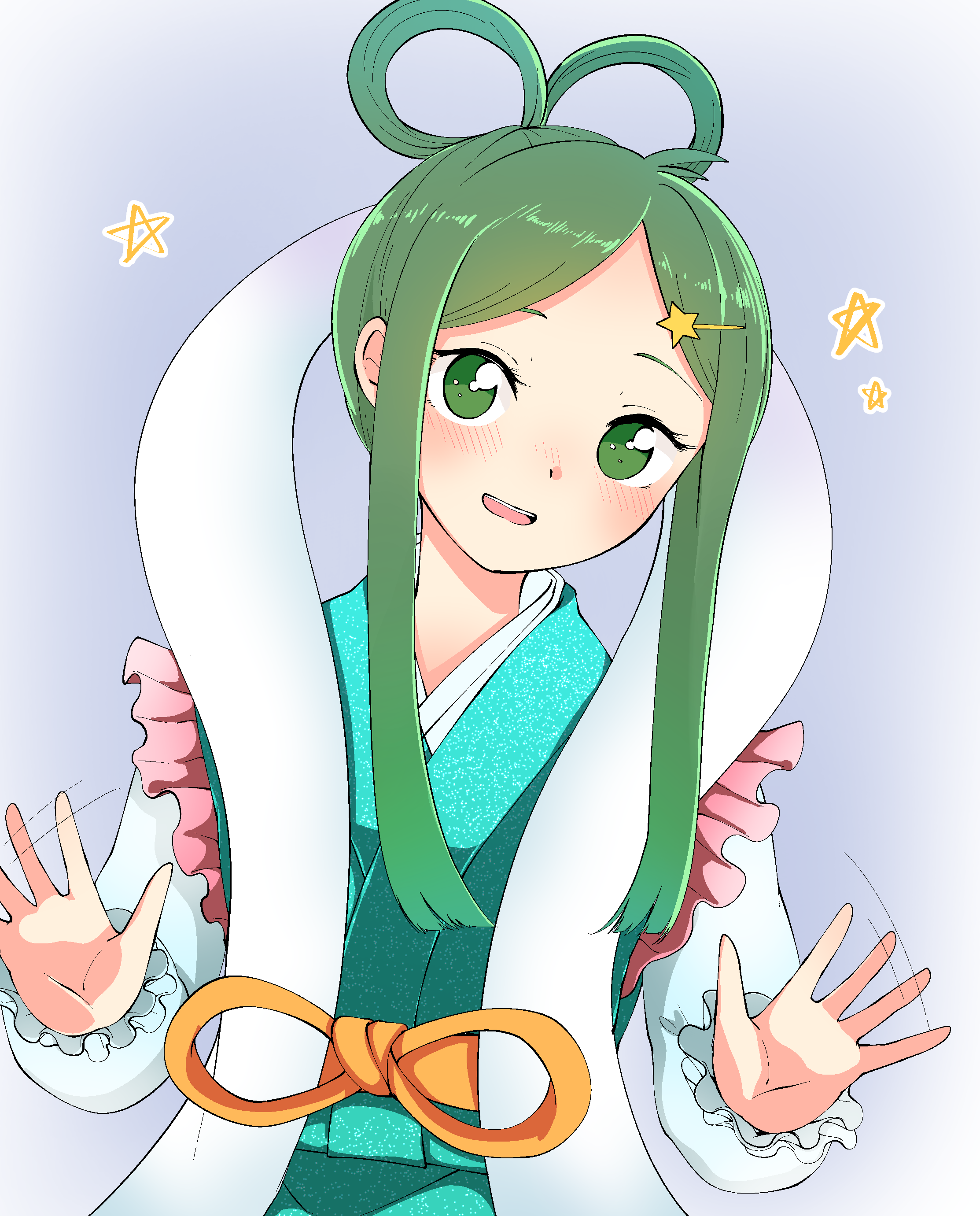 1girl absurdres alternate_costume alternate_hairstyle cosplay frills green_eyes green_hair hagoromo hair_rings highres japanese_clothes kaisenpurin kimono obi orihime_(cosplay) orihime_(tanabata) sash shawl short_hair short_hair_with_long_locks solo tanabata teireida_mai touhou waving